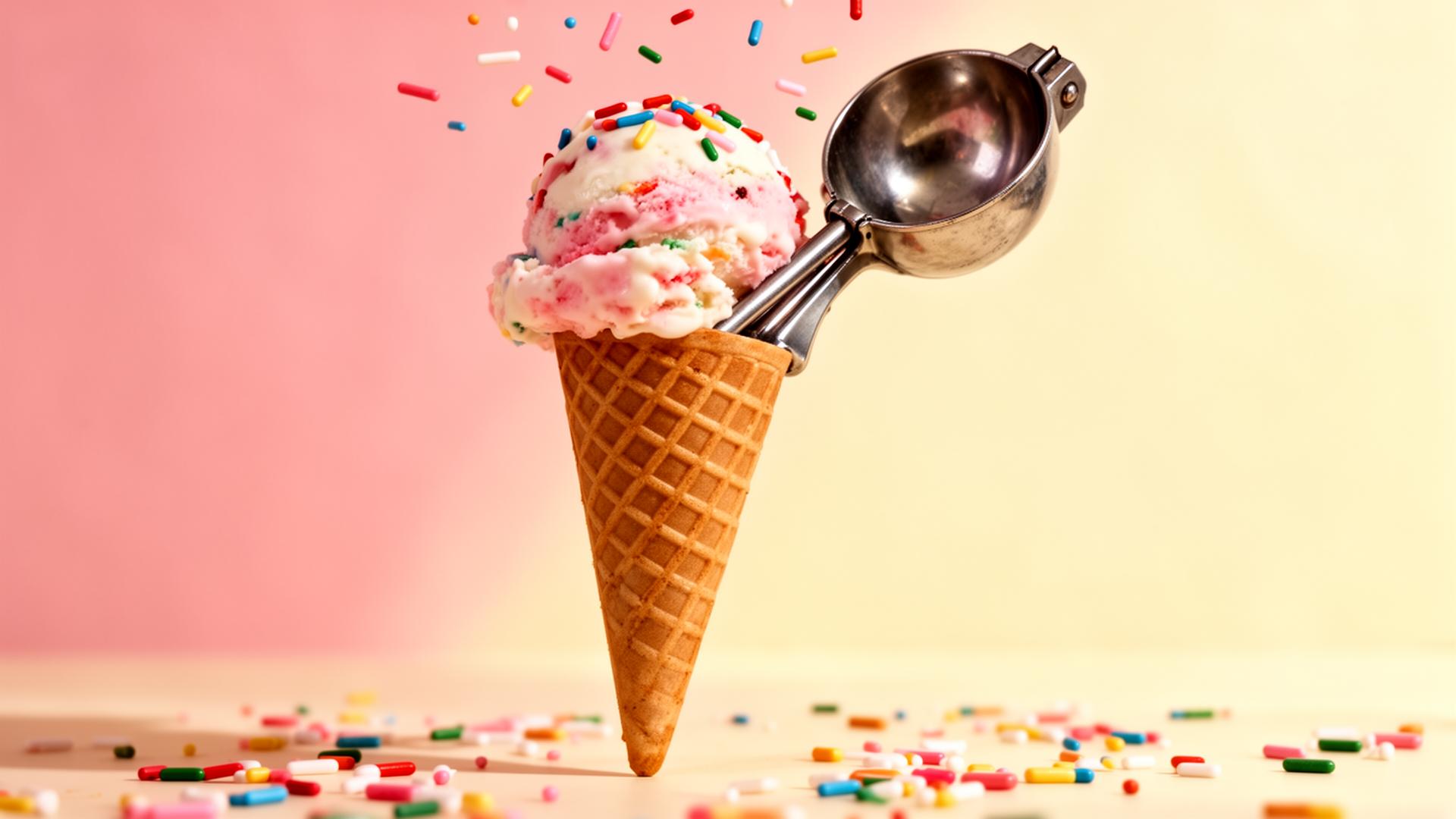 A scoop of handcrafted ice cream in a waffle cone with rainbow sprinkles